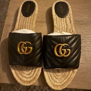 Gucci Black and Gold Espadrille Slides